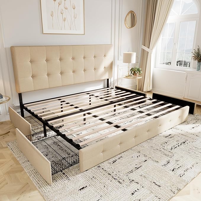 Allewie Upholstered King Size Platform Bed Frame with 4 Storage Drawers and Headboard, Square Stitched Button Tufted, Mattress Foundation with Wooden Slats Support, No Box Spring Needed, Beige