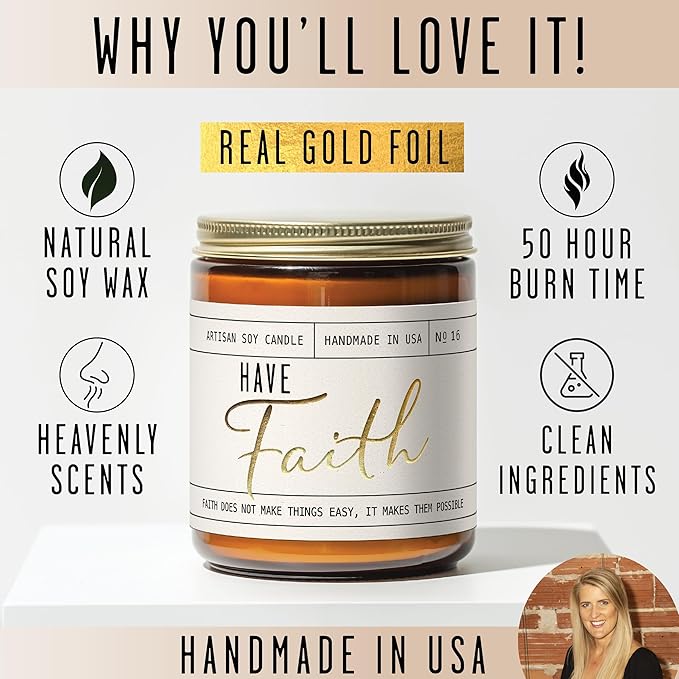 Christian Gifts for Women, Religious Gifts for Women - 'Have Faith' Candle, w/Lily of The Valley & Lavender I Spiritual Gift I Catholic Gift I 50Hr Burn, Made in The USA