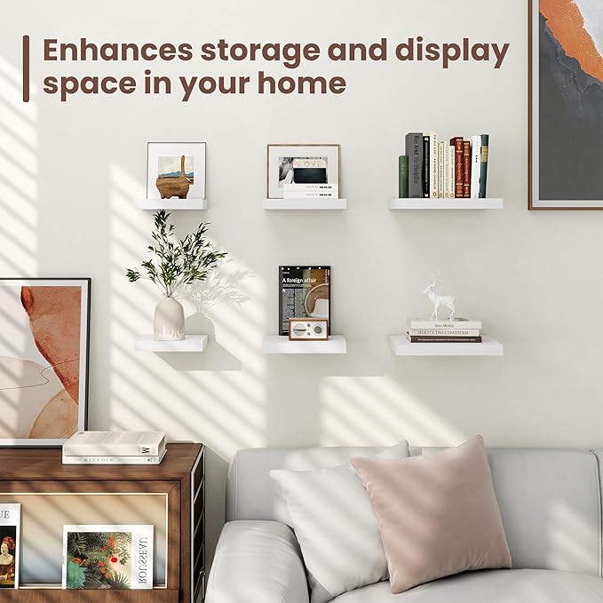 Fun Memories Floating Shelves for Wall - 12 Inch Square Shelves with Invisible Brackets, White Small Wall Shelf for Living Room, Bathroom, Bedroom, and Kitchen Decor,Set of 4