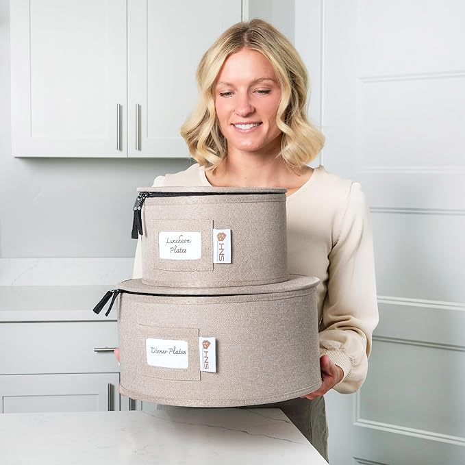 Hard Shell China Storage Containers 12-Piece Set Moving Boxes for Dinnerware, Glasses, Plates, Mugs and Saucers Sturdy Dish Organizer with Dividers for Seasonal Storage - Service for 12 - Brown