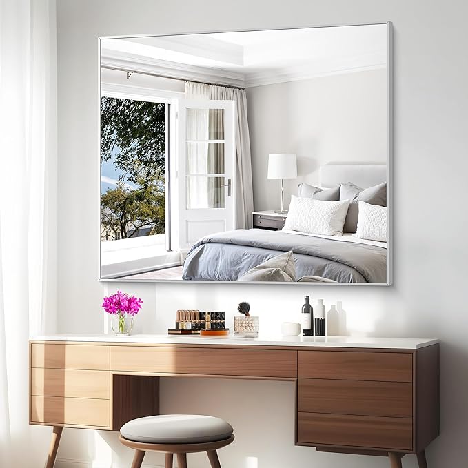 BONEWEI Silver Bathroom Mirror,40x48 inch Wall Mirror for Bathroom Wall Mounted,Large Rectangle Mirror for Bathroom Over Sink,Modern Metal Frame for Living Room,Bedroom Entryway,Horizontal/Vertical