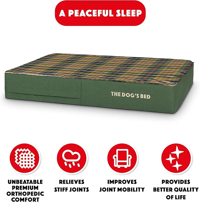 The Dog’s Bed Orthopedic Memory Foam Dog Bed, Large Green Tartan 40x25, Pain Relief for Arthritis, Hip & Elbow Dysplasia, Post Surgery, Lameness, Supportive, Calming, Waterproof Washable Cover