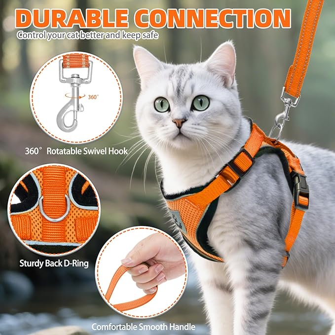 PUPTECK Cat Harness and Leash Set Escape Proof Reflective Cat Walking Harness Adjustable Soft Breathable Mesh Vest for Small Pets, Orange, M