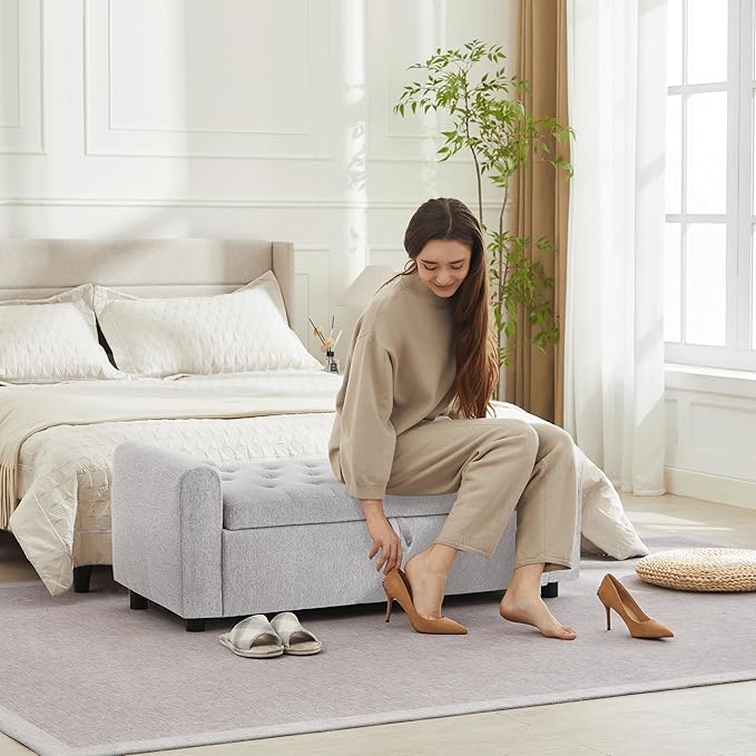Ottoman with Storage, Tufted Storage Bench for Bedroom, 48" Fabrics End of Bed Bench, Upholstered Entryway Shoe Benches with Rolled Arm & Inner Zipper, Window Ottomans Chest without Rivets, Light Grey