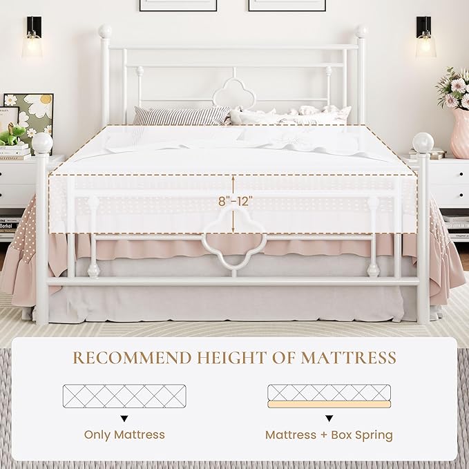 SHA CERLIN 14 Inches Queen Size Metal Platform Bed Frame/Vintage Iron-Art Headboard and Footboard/Mattress Foundation for Storage/No Box Spring Needed/Noise-Free/Easy Assembly/White