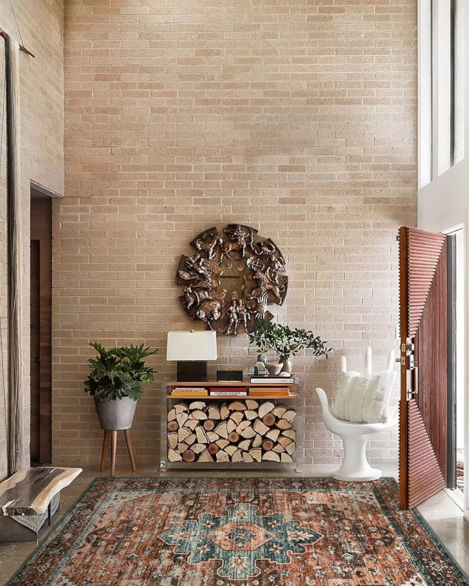 Moynesa 8x10 Ultra-Thin Vintage Area Rug - Oriental Print for Bedroom, Living Room, Under Table, Office, Entryway - Brick Red/Dull Teal