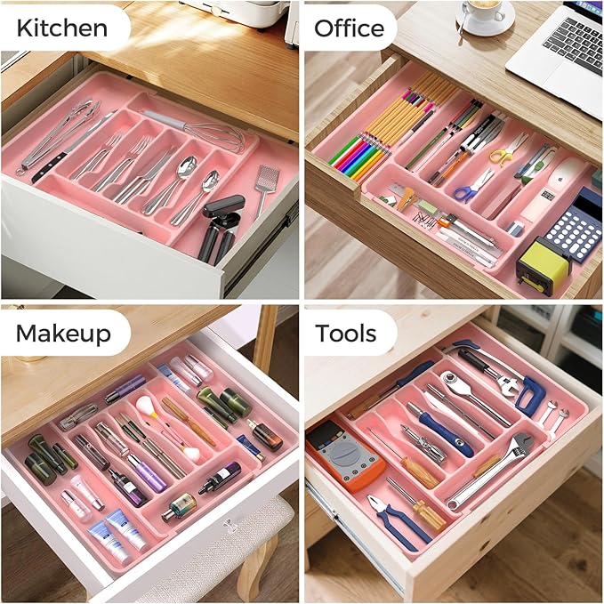Extra Large Expandable Silverware Organizer, BPA-Free Food-Safe Cutlery Flatware Organizer, Kitchen Utensil Drawer Organizer, Adjustable Silverware Holder for Spoons Forks Knives, Pink