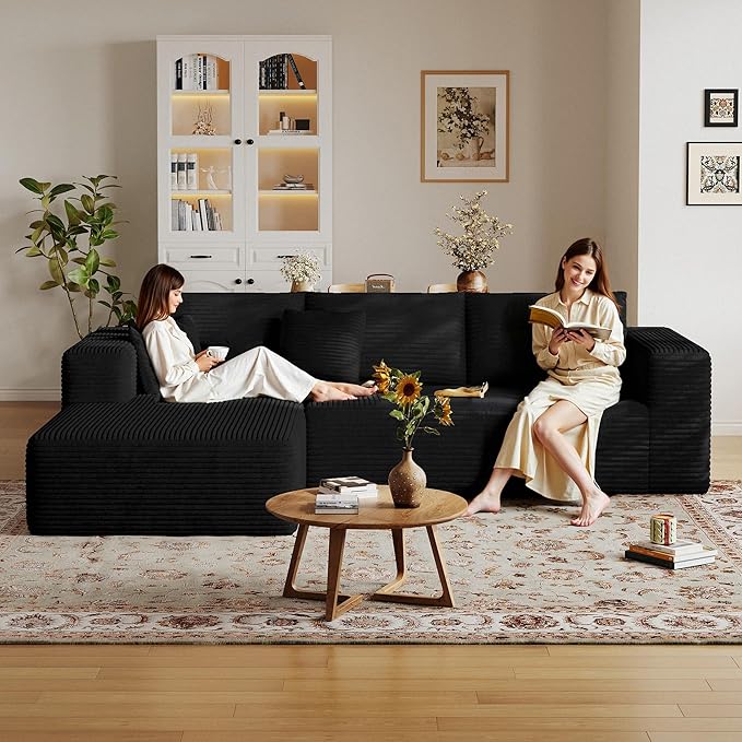 108'' Modular Sectional L-Shaped with Chair,Deep Seat Boneless Corner Couch for Living Room,Plush Corduroy Couch with Detachable Sofa Set,No Assembly(Left Facing Chaise,Black)