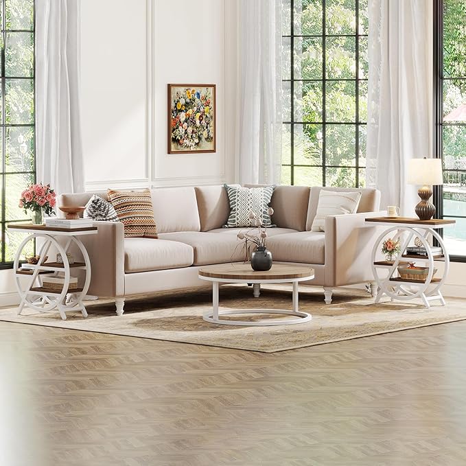 Tribesigns End Table Set of 2, 3-Tier Modern Narrow Side Table with Storage, Wood Sofa Side Table with Geometric Metal Frame, Nightstand and Bedside Table for Bedroom (Light Brown+White)