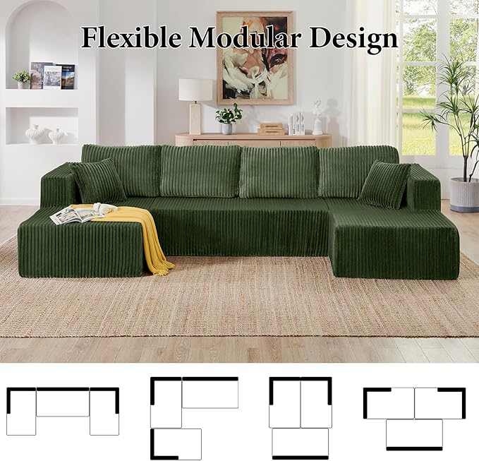 134 Inch Cloud Sectional Couch for Living Room,Corduroy Boneless Couches with L-Shape Chaise,Modern Modular Sectional Sofa with Deep Seat,No Assembly Required (Green, U-Shaped Sofa)