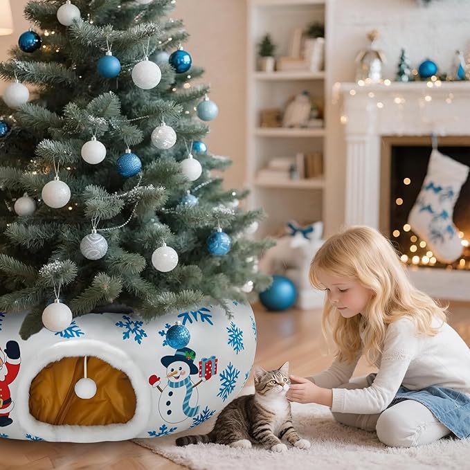 Christmas Cat Tunnel, Cat Tunnel Bed Under Christmas Tree with Hanging Toy Ball, Santa and Snowman Cats Cave Donut Tunnel Christmas Decor, Foldable Kitty Tube Tunnel for Kittens Small Animal