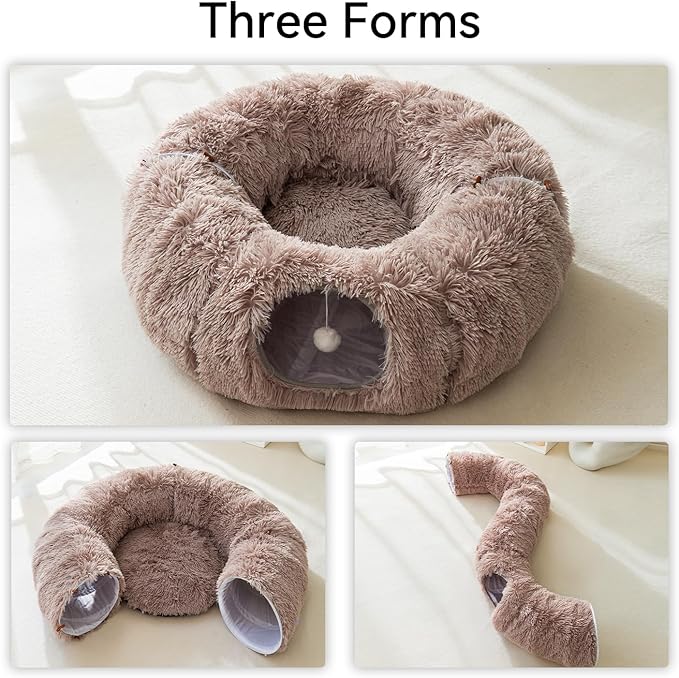 HIPIPET Winter Plush Cat Tunnel with Bed for Small Medium Large Cats, Multifunctional Cat Toys (Light Brown)