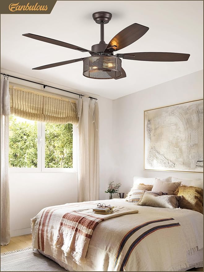 Farmhouse Oil Bronze Ceiling Fans with Lights and Remote, 52 Inch Bedroom Caged Ceiling Fans for Living Room Kitchen,6 Speed Reversible Quiet DC Motor, Dual Finish 5 Blades