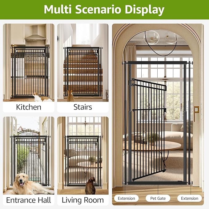 78.8" Extra Tall Cat Gate, 28.3-33" Wide Safety Metal Cat Door, Pressure Mounted Easy Walk Through Pet Gate with Door for Stairs, Doorways (Black)