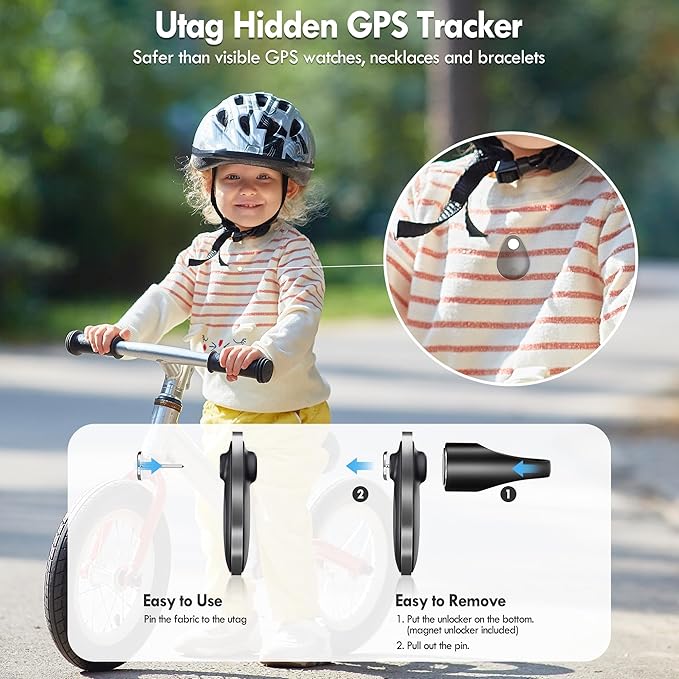 Utag GPS Tracker for Kids Hidden 4pack, Security Tag with Pins Works with Find My (iOS only), Lost Mode, Anti-Removal Tracking Device for Children, Elderly, Pets, Backpack, Vehicles, No Monthly fee