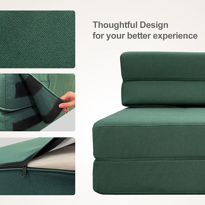 ANONER Memory Foam Fold Out Sofa Bed Couch with Pillow Twin Size Futon Sleeper Chair for Living Room Apartment, Dark Green