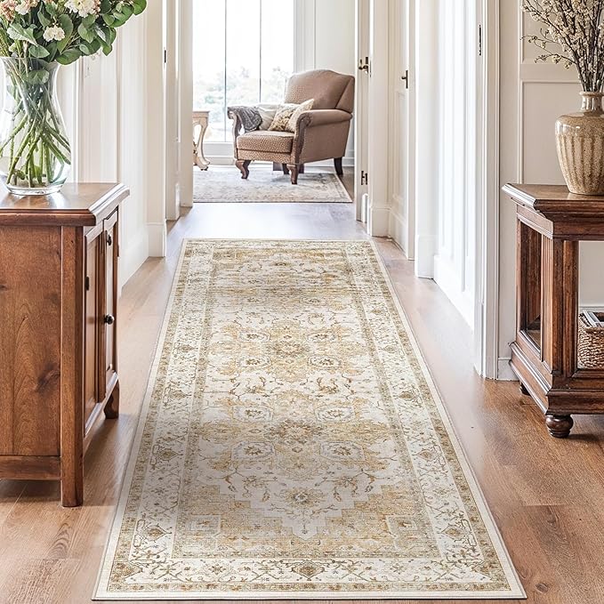 AMADA HOMEFURNISHING 2.7x10 Washable Runner Rug, Low-Profile Kitchen Rugs with Non-Slip Backing & Durable Edge Binding, Vintage Entryway Runner Rug for Bedroom & Hallway, Beige