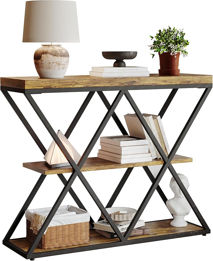 Garvee 3-Tier Entryway Table, Industrial Console Sofa Table with Storage, Accent Table with Open Shelves, X-Shaped Metal Frame, Foyer Table for Entryway, Hallway, Rustic Brown