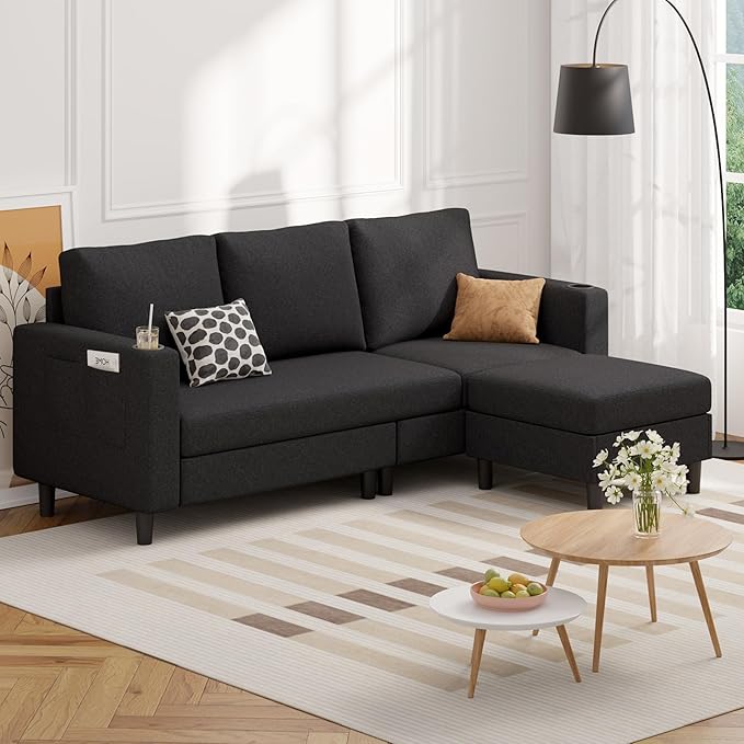 Upholstered Sectional Sofa and Couches, 78'' L Shaped 3-seat Sofa forLiving Room, Apartment, Lounge,Bedroom-Washable Covers Convertible Sofas(Linen Fabric,Black)