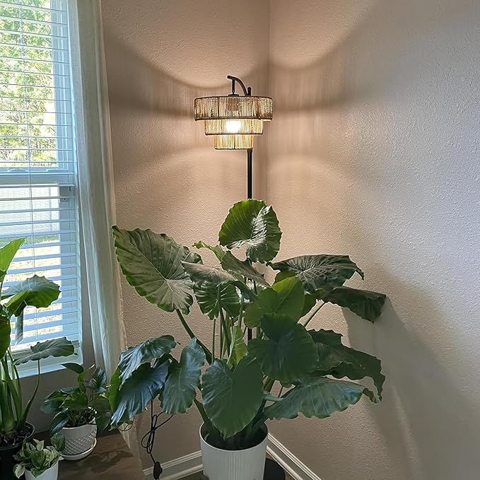 Boho Floor Lamp for Living Room Bedroom with Remote,Arc Farmhouse Floor Lamps with 3 Color Temperature,Rustic Standing Lamp with 3-Tier Rattan Wicker Shades,Adjustable Tall Lamp for Office,Corner