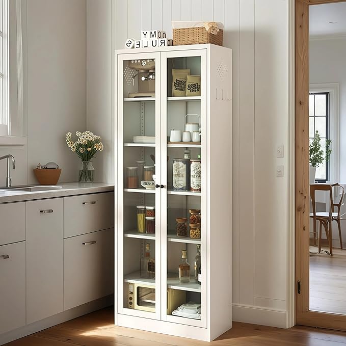 72'' Storage Cabinet, 5 Adjustable Shelves Kitchen Pantry with 2 Glass Doors, Tall White Metal Storage Cabinet with External Hooks, Freestanding Heavy-Duty Pantry for Kitchen