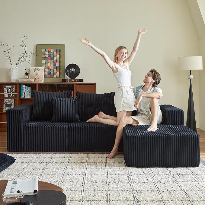 Boneless Sectional Sofa, 100.7" Cloud Couch with Wide-Wale Corduroy, Deep Seat L Shaped Couch, All-Foam Filled Compressed Sofa for Living Room (Black, Corduroy)