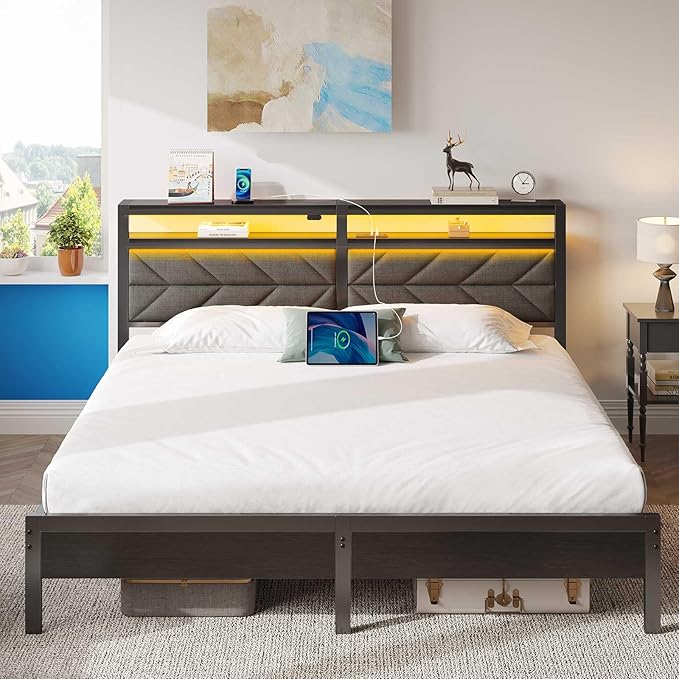 Seventable Bed Frame King Size with Charging Station, LED Bed with Upholstered Storage Headboard, Metal Platform Bed with Under Bed Storage, No Box Spring Needed, Noise Free, Easy Assembly, Grey