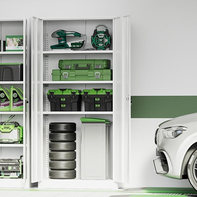 INTERGREAT Metal Storage Cabinet, 72" H Lockable Steel Cabinets with Locking Doors, Storage Locker with Adjustable Shelves for Office, Home, Garage, Gym, School (White)