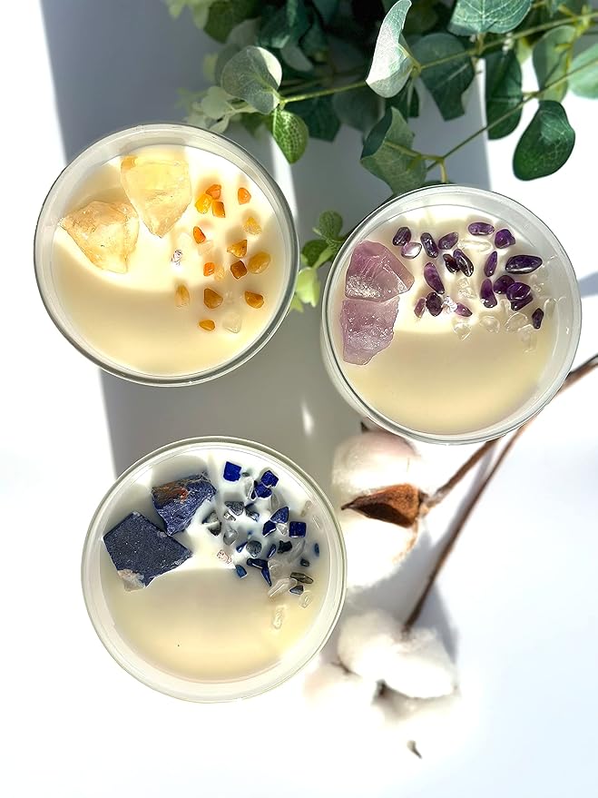 Healing Crystal Candle, Scented Candle Infused Lazurite Clear Quartz Crystals, Amber Ocean Scented, Positivity Energy, Cleansing Wellness, Gift for Women, Aromatherapy Clean Vegan 10Oz Jar