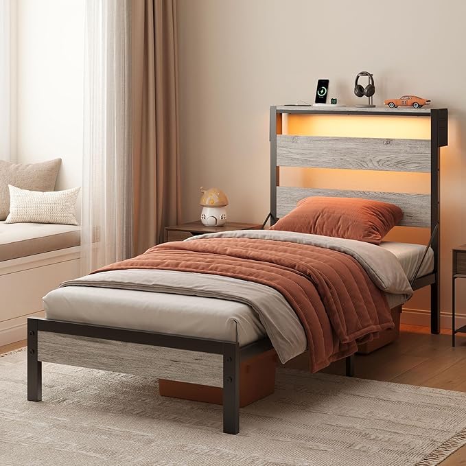 Bestier Twin Bed Frame with Storage Headboard and Charging Station, Grey Platform Bed Frame with LED Light, Non-Slip Metal Bed Frame, Noise-Free, Easy Assembly
