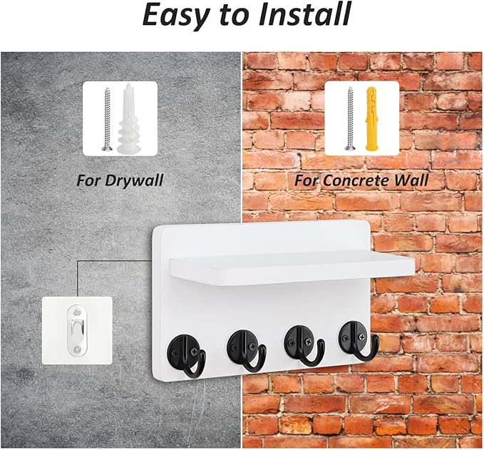 Nekon Key Holder Wall Mount, 8.5 Inch Small Home Decor Wooden Wall Organizer with 4 Hooks and Shelf, Wall Decor for Living Room Entryway Kitchen (White)