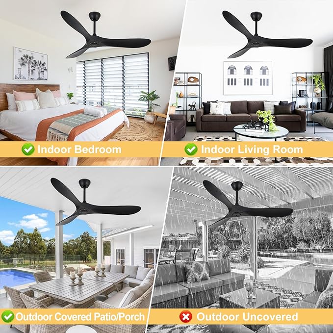 52 inch 3 blade ceiling fan without light, Noiseless Reversible DC Motor Ceiling Fan Without Light for Farmhouse Patio Living Room Bedroom, Indoor Outdoor Ceiling Fan with Remote-Black
