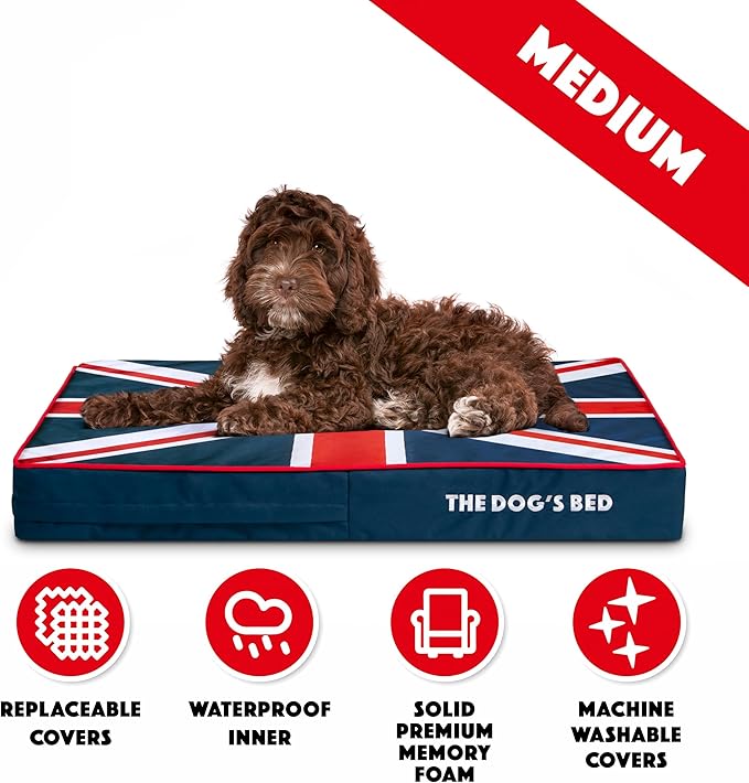 The Dog’s Bed Orthopedic Memory Foam Dog Bed, Medium Blue & Red Trim UK Center Flag 34x22, Pain Relief for Arthritis, Hip & Elbow Dysplasia, Post Surgery, Supportive, Calming, Waterproof Washable