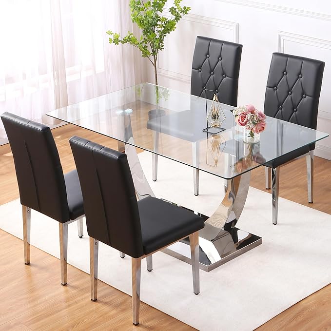 Modern Dining Table Set for 4,Dining Room Table Set for 4,Kitchen Table Set with 4 PU Leather Chairs,63'' Glass Dining Table Set with Silver U-Shaped Table Legs and Rectangular Base