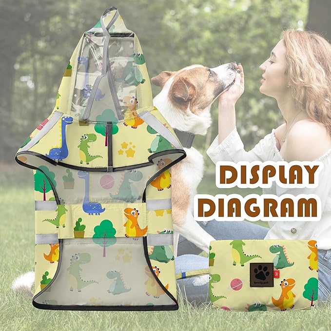 Dog Raincoat, Adjustable Dog Rain Jacket with Clear Hooded Double Layer for Large Medium Small Dogs Puppies, Waterproof Rain Coat Poncho Dinosaurs, Yellow-S