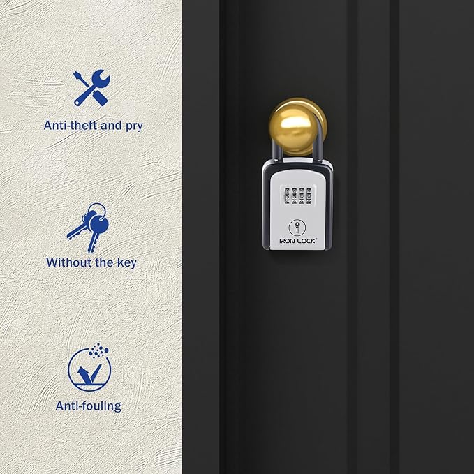 Iron Lock® Key Lock Box Portable with U-Shackle – Small Waterproof Heavy-Duty Metal Safe with 4-Digit Combination for Spare Keys Outside on Door Knob, Fence, or Gate (Grey, Small)