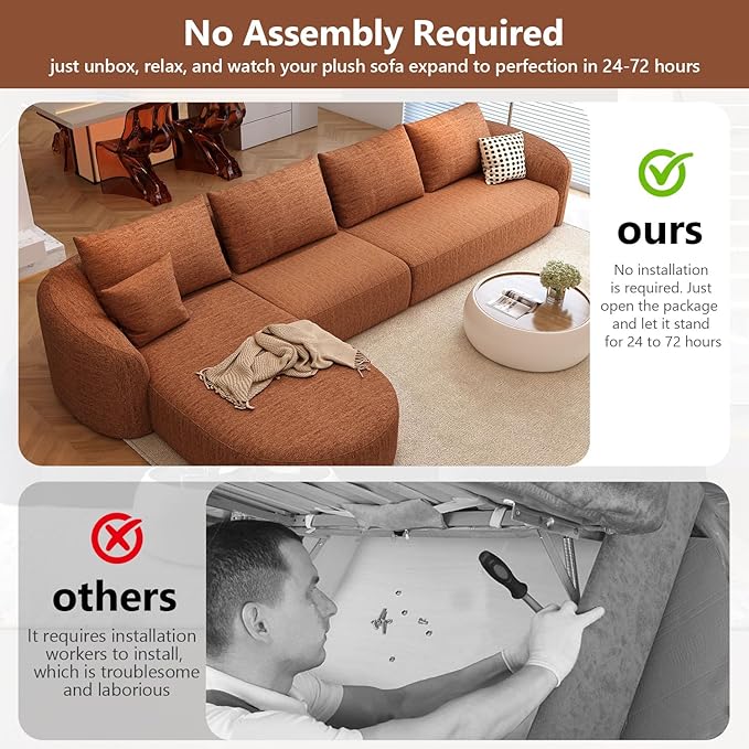 138.6" Modular Sectional Couches Luxury Modern Curved Back Sofa,Minimalist Comfy L-Shape Boneless Cloud Couch for Living Room Apartment,(Left Facing Chaise,Orange)