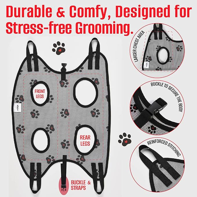 Dog Grooming Hammock for Large Dogs โ Dog Restraint for Nail Trimming with Pet Nail Clipper โ Dog Sling for Grooming, Dog Hammock for Nail Cutting & Grooming Harness (Legs Spacing:13-16โ)/Max W:60lb)