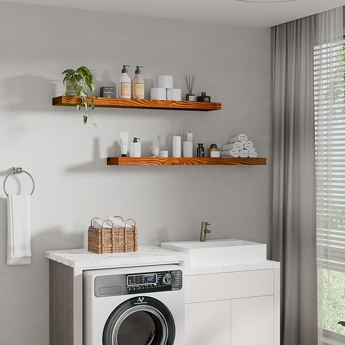 foxsky 36 Inch Solid Pine Wood Floating Shelves for Wall with Hidden Brackets, Rustic Farmhouse Wall Mounted Shelf for Bathroom, Living Room, Bedroom, Kitchen, Office Decor (Honey Oak)