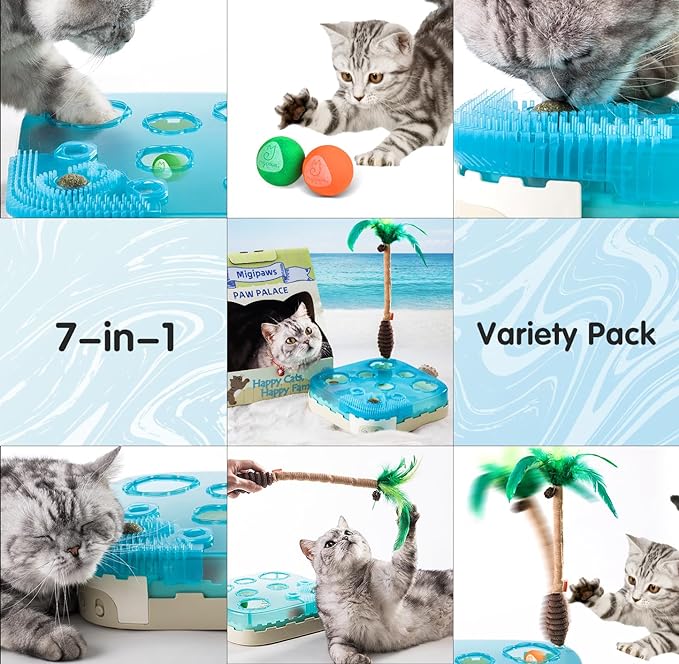 Migipaws Paw Palace Replacements,3 EVA Balls,1 Catnip Ball,2 Coconut Tree Teaser Pole Feather Accessories,Cat Ball Toys