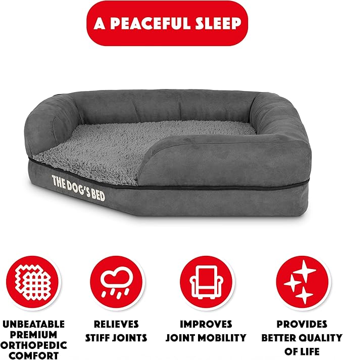 The Dog’s Bed Memory Foam Waterproof Corner Dog Bed, Medium, Grey Plush, Eases Arthritis & Hip Dysplasia Pain, Therapeutic & Supportive, Washable Plush Fabric Cover