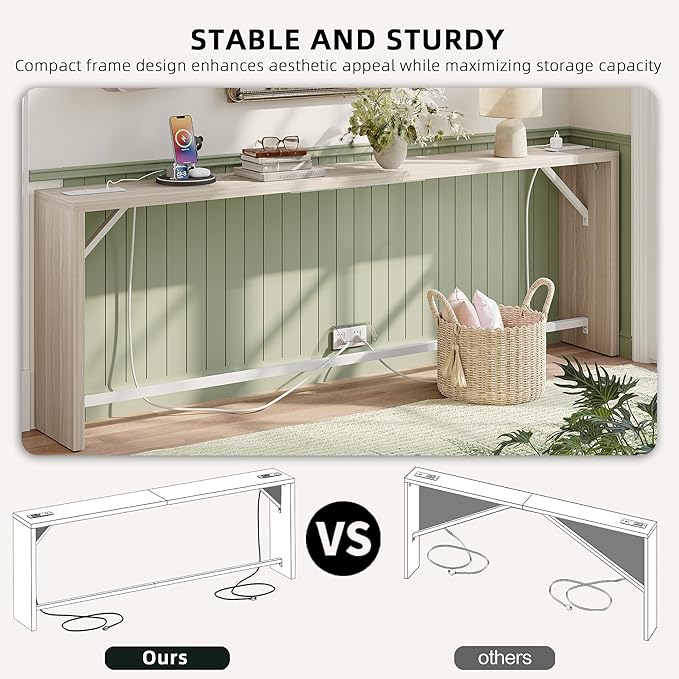 TIQLAB Sofa Table, 79''L x 9.1''W (1.2'' Thickness) Long Console Table Behind Couch, Entryway Table with Angled Metal Frame, Industrial Console Table, Light Walnut