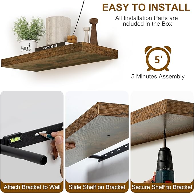 Fun Memories Floating Shelves 55 Inch Long, 8 Deep Floating Shelves for Wall, Large 55 x 8 Display Shelves for Living Room, Kitchen, Wood Deep Wall Shelves for Home Storage, Rustic Brown, 1 Pack