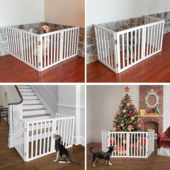 ZJSF Freestanding Indoor Dog Gate for House Foldable Wood White Puppy Gate for Doorways Pet Gate for Stairs Extra Wide Pet Fence 24" Height 3 Panels