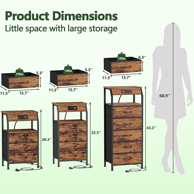 Furnulem Night Stand Set of 2, 28.3 Inch Bedside Table with Charging Station, 3 Fabric Drawers Side Table with Wood Shelf, End Table with USB Ports & Outlets for Bedroom, 3 Ways to Use, Rustic Brown