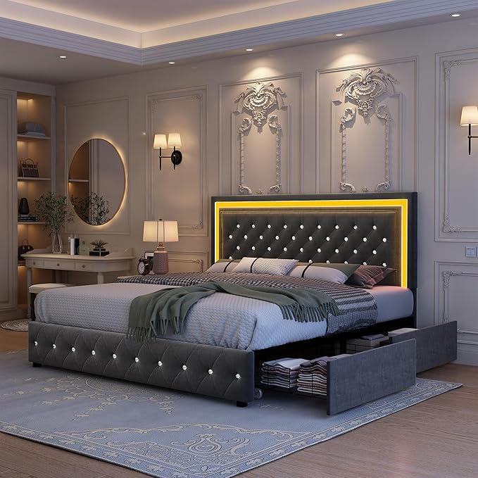 Queen Bed Frame with LED Lights, Storage Drawers, No Box Spring Needed, 900 lbs Capacity, Easy Assembly, Velvet Grey