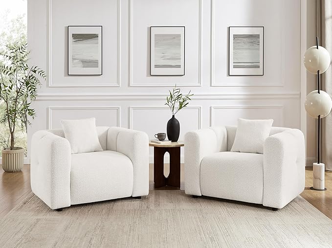 VANOMi 42" Width Accent Chair for Living Room, Modern Lounge Chair with Pillow, Comfy Upholstered Boucle Single Sofa Chair for Living Room (White)