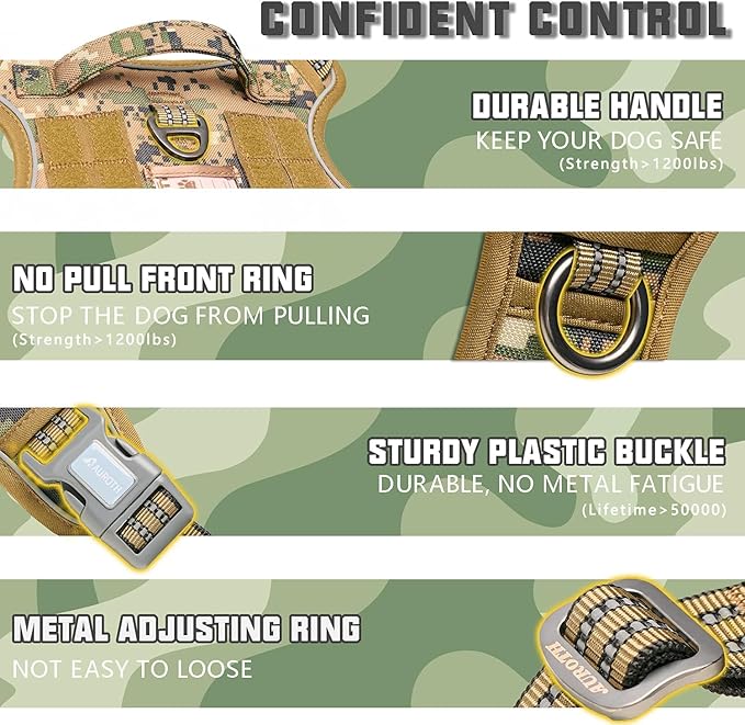 AUROTH Tactical Dog Harness for Small Medium Dogs No Pull Adjustable Pet Harness Reflective K9 Working Training Easy Control Pet Vest Military Service Dog Harnesses Woodland Camo M