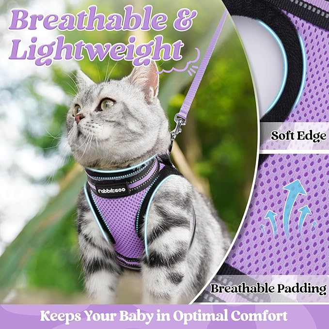 rabbitgoo Cat Harness and Leash Set for Walking Escape Proof, Adjustable Soft Kittens Vest with Reflective Strip for Cats, Comfortable Outdoor Vest, Light Purple, L