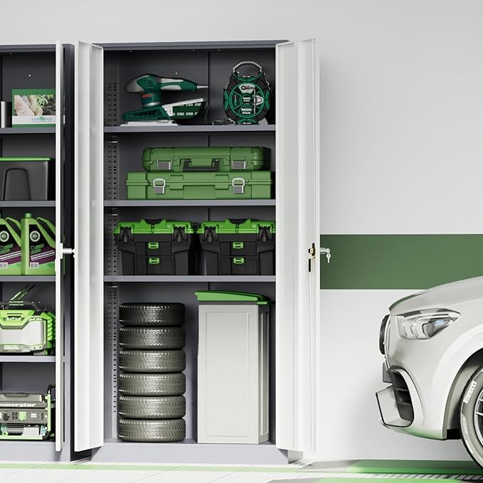 INTERGREAT Metal Storage Cabinet for Garage,72" Lockable Storage Cabinets with Doors and Adjustable Shelves,Steel Locking Cabinet for Garage,Office,Home,Gym,School (White Grey)